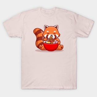 Cute Red Panda Eating Ramen Noddle Cartoon T-Shirt